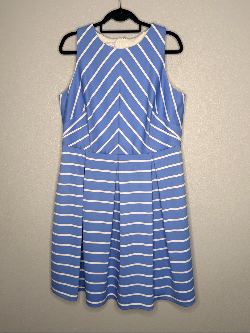 London Times Blue White Striped Chevron Pleated Fit & Flare Dress 14W